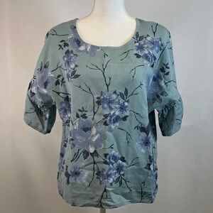 Elena Baldi Linen Blouse Italian Elegance Floral Print Short Sleeve Relaxed Fit